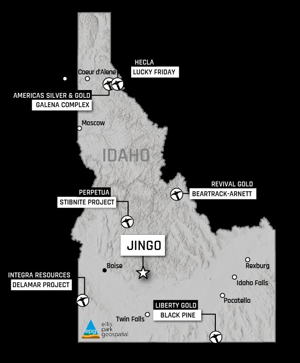 Idaho regional gold project map showing Jingo position relative to Stibnite, Beartrack-Arnett, DeLamar, Black Pine, and Galena