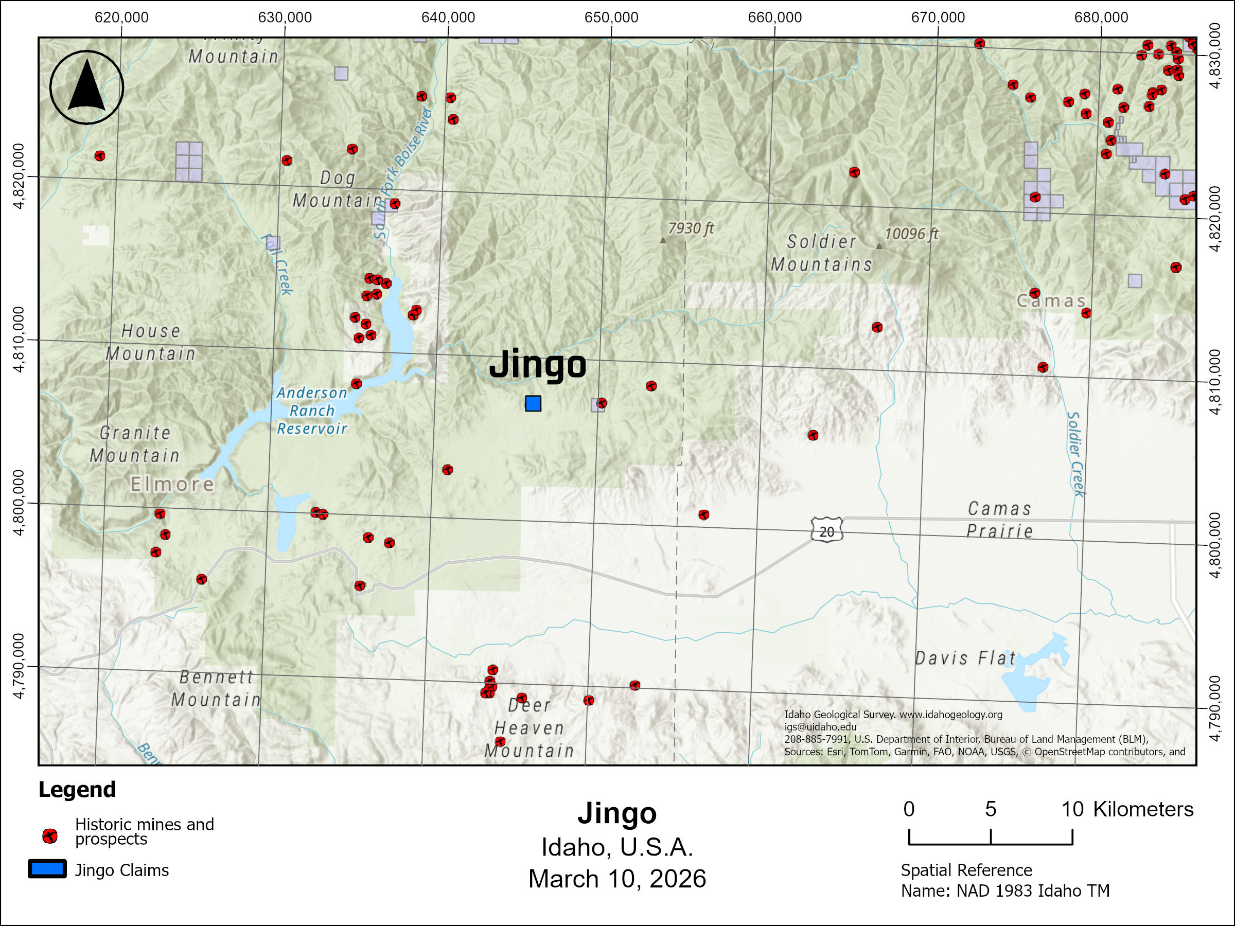 Regional map showing dense cluster of historic gold-silver mines around Jingo in Elmore County