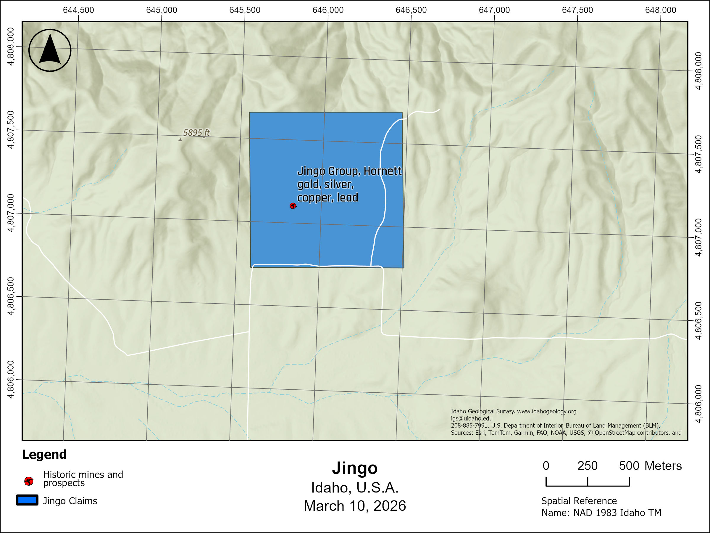 Area map showing the Jingo claim block, historic mine portal, and surrounding terrain
