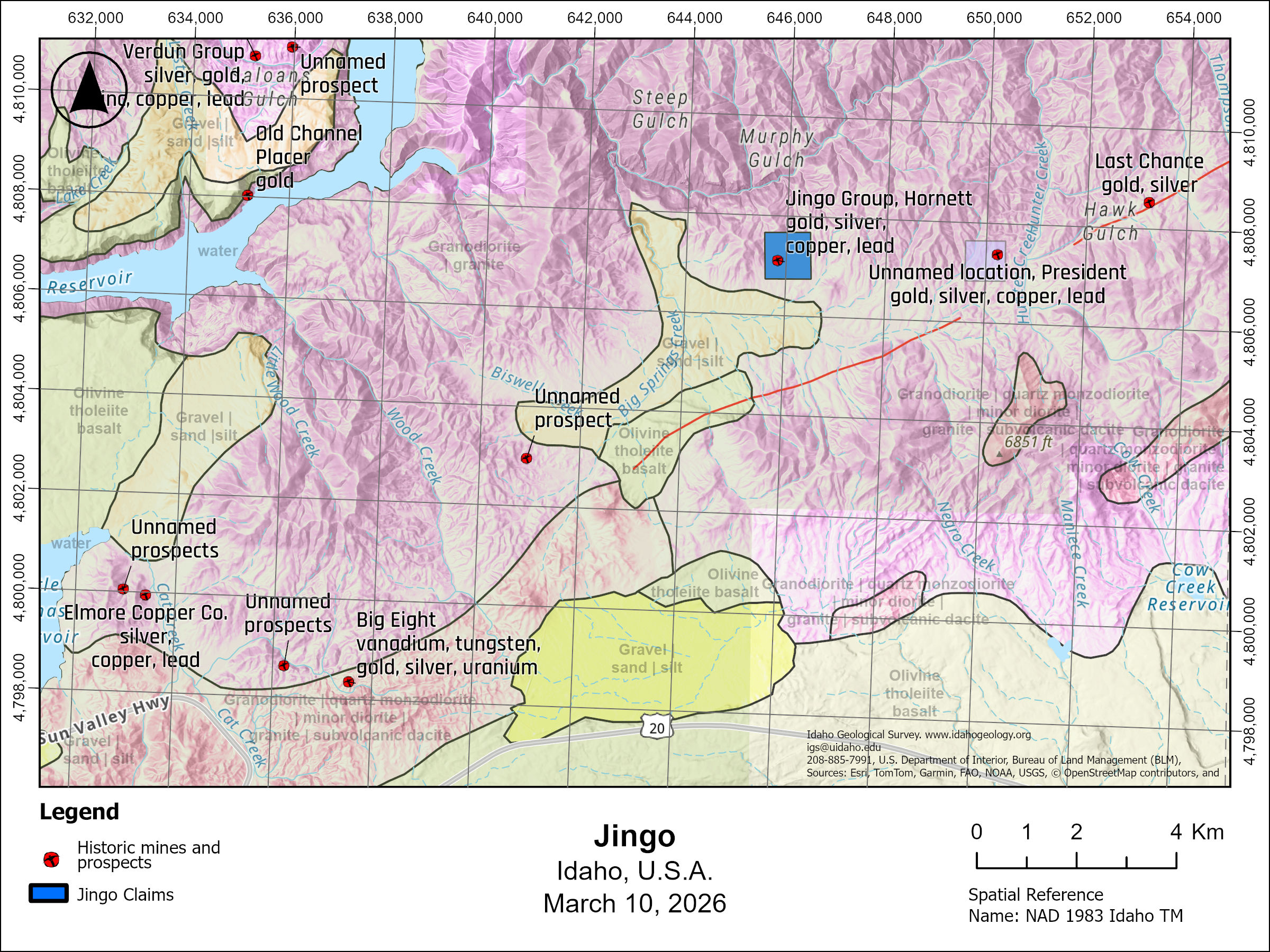 Geology map showing Jingo on granodiorite host, structural trend to the Last Chance Au-Ag deposit, and surrounding lithologies